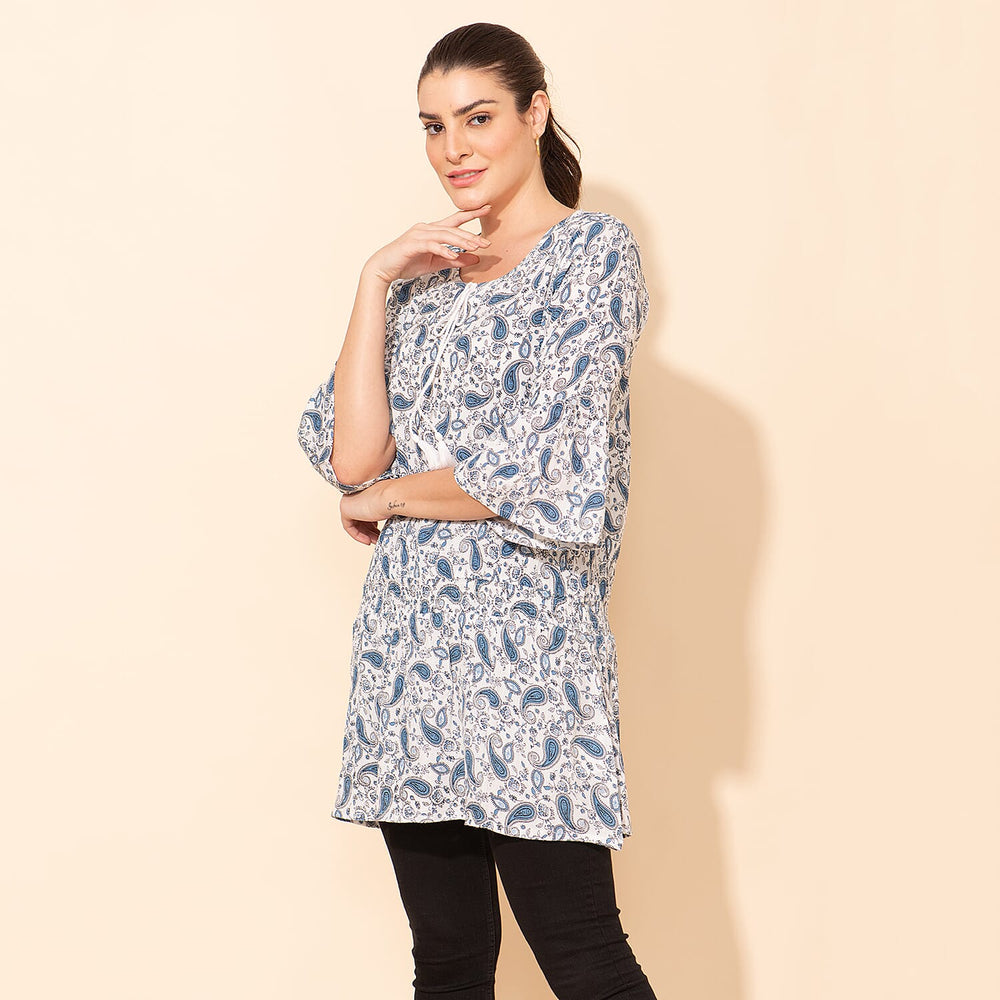 TAMSY 100% Viscose Printed Crepe Top (Size 10) - White & Blue