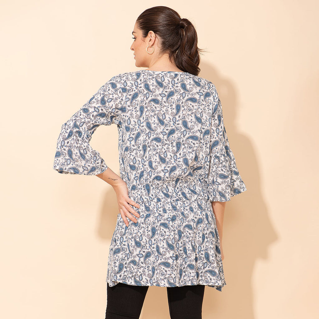 TAMSY 100% Viscose Printed Crepe Top (Size 22) - White - Blue