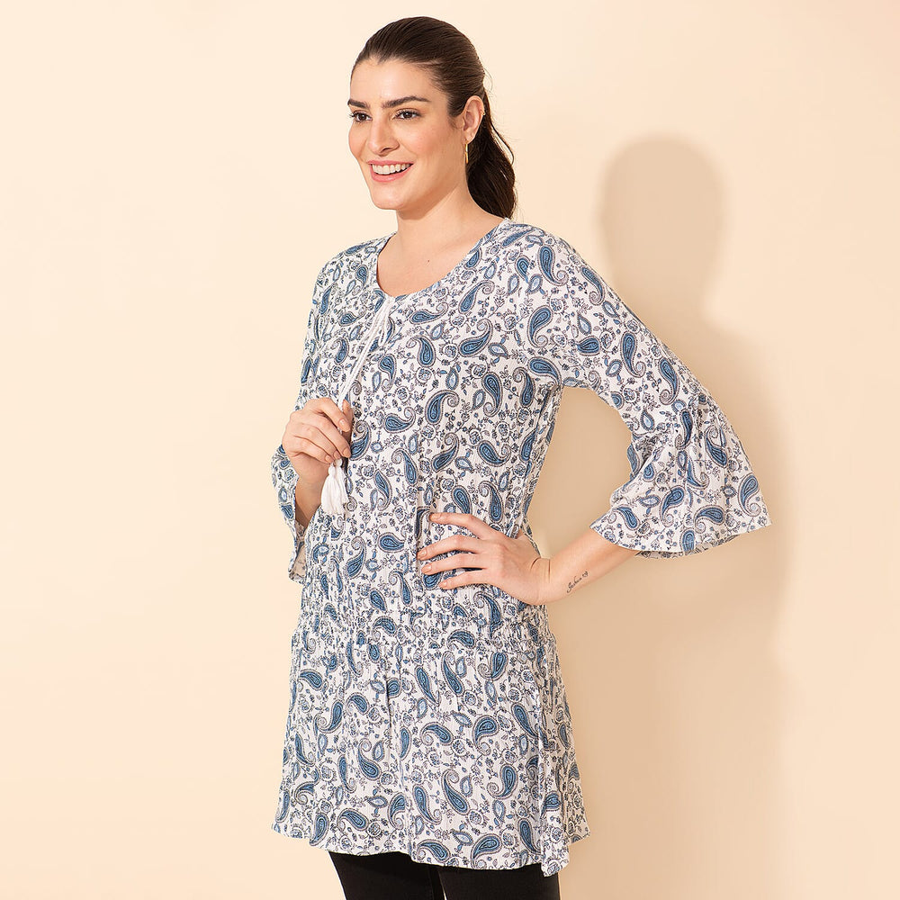 TAMSY 100% Viscose Printed Crepe Top (Size 22) - White - Blue