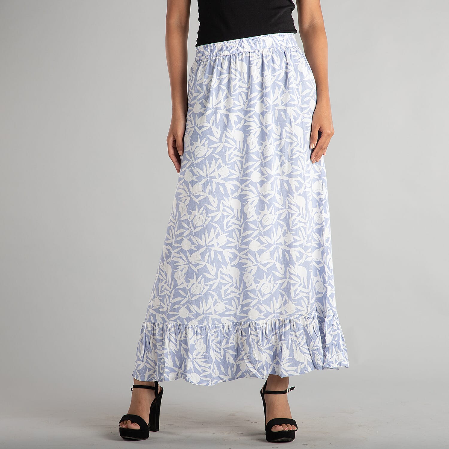 TAMSY 100% Viscose Floral - Leaf Pattern Skirt (Size 8) - White - Blue