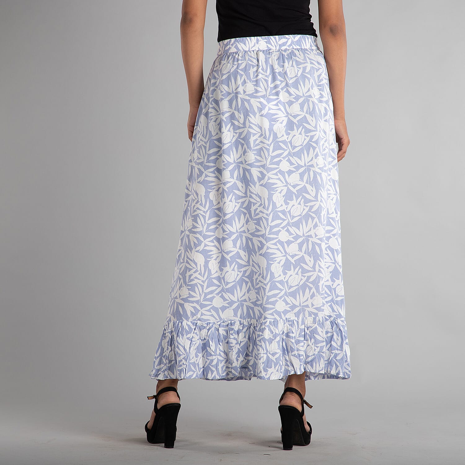 TAMSY 100% Viscose Floral - Leaf Pattern Skirt (Size 8) - White - Blue