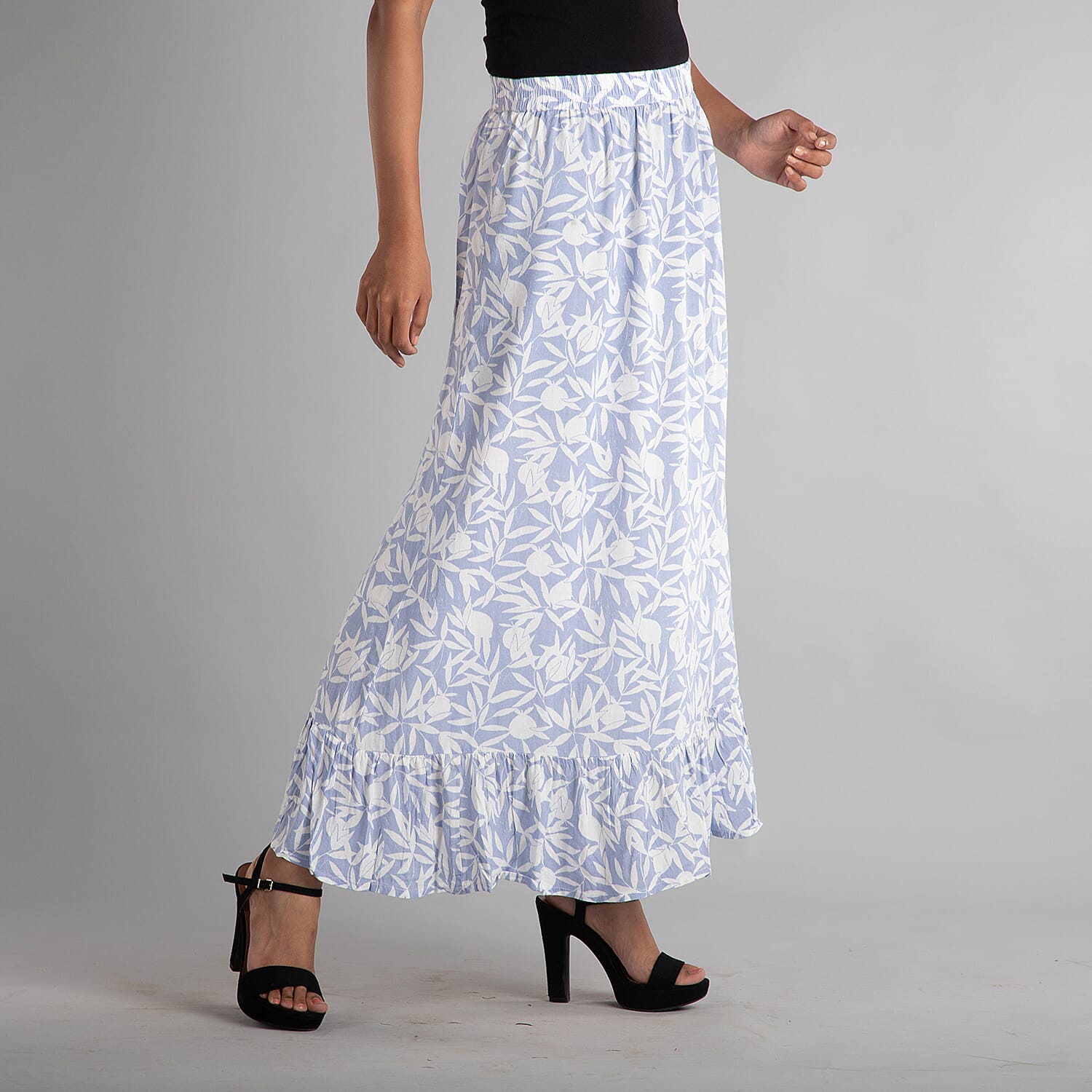 TAMSY 100% Viscose Floral - Leaf Pattern Skirt (Size 8) - White - Blue