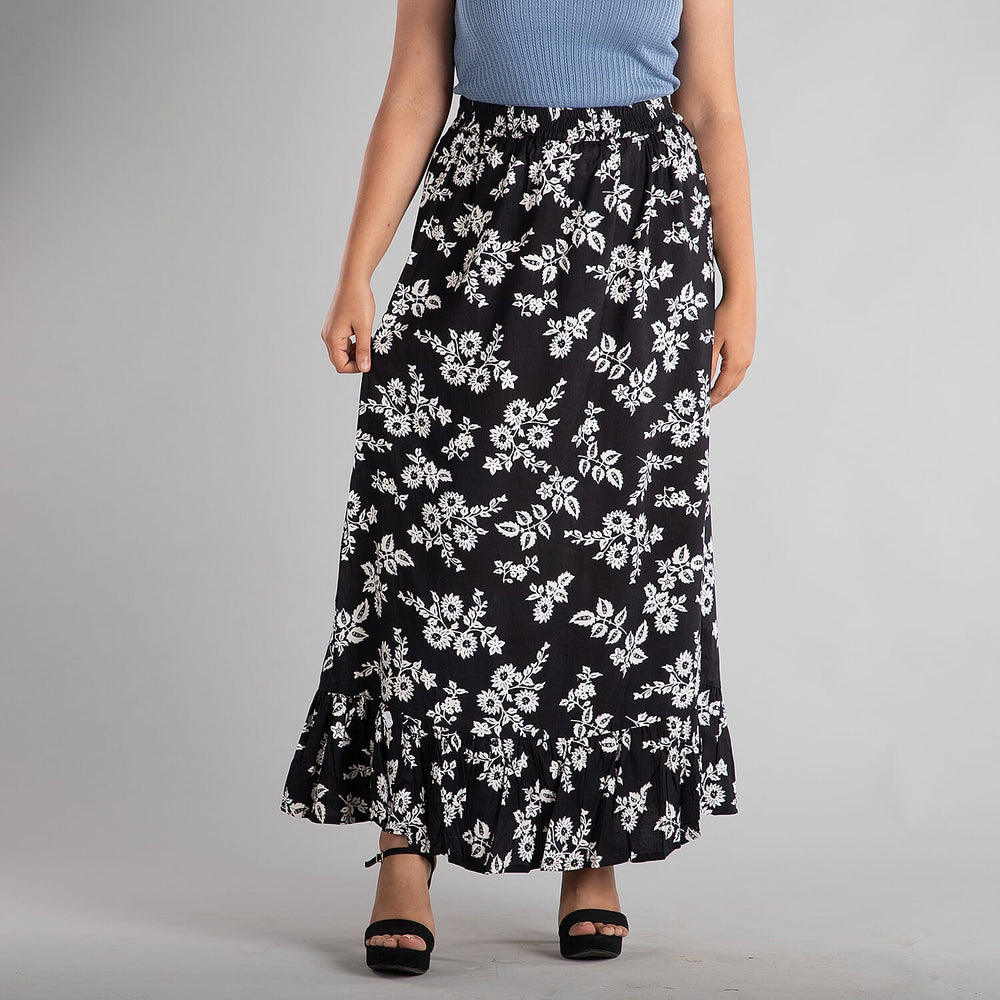 TAMSY 100% Viscose White Floral Pattern Skirt (Size 14) - Black