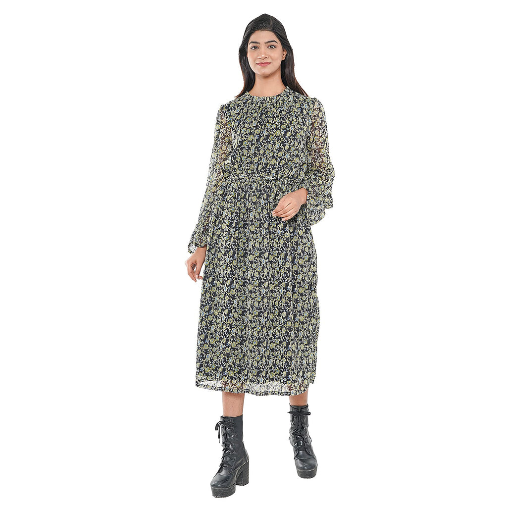 TAMSY Floral Pattern Dress (Size M, 12-14) - Green - Black