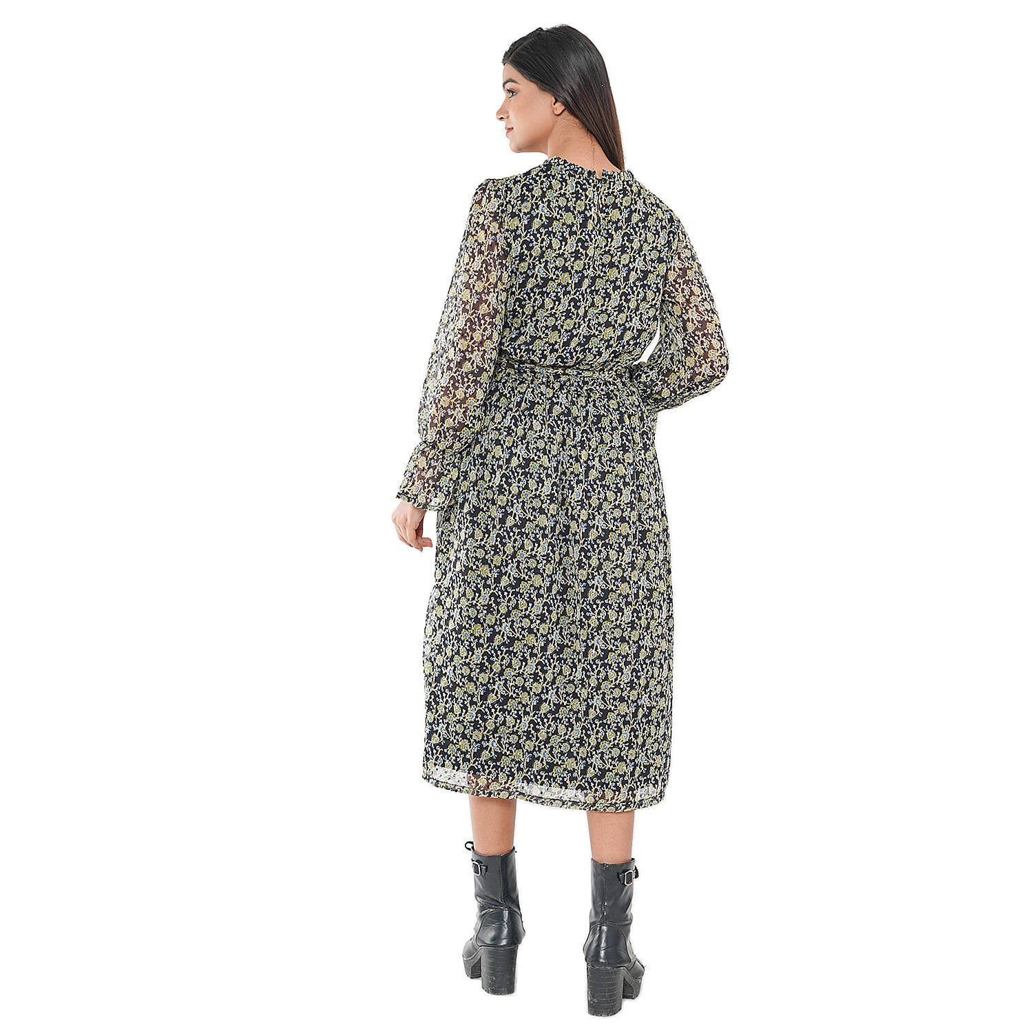 TAMSY Floral Pattern Dress (Size M, 12-14) - Green - Black