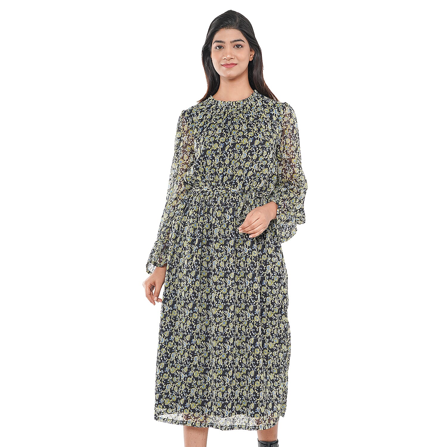 TAMSY Floral Pattern Dress (Size M, 12-14) - Green - Black