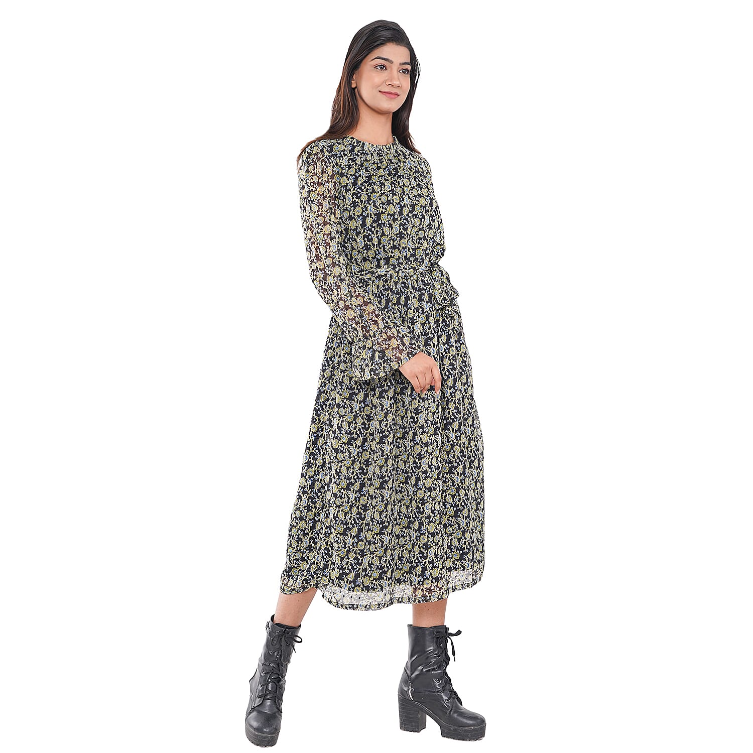 TAMSY Floral Pattern Dress (Size M, 12-14) - Green - Black