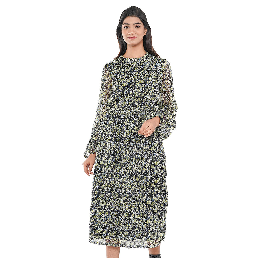 TAMSY Floral Pattern Dress (Size XL, 20-22) - Green - Black