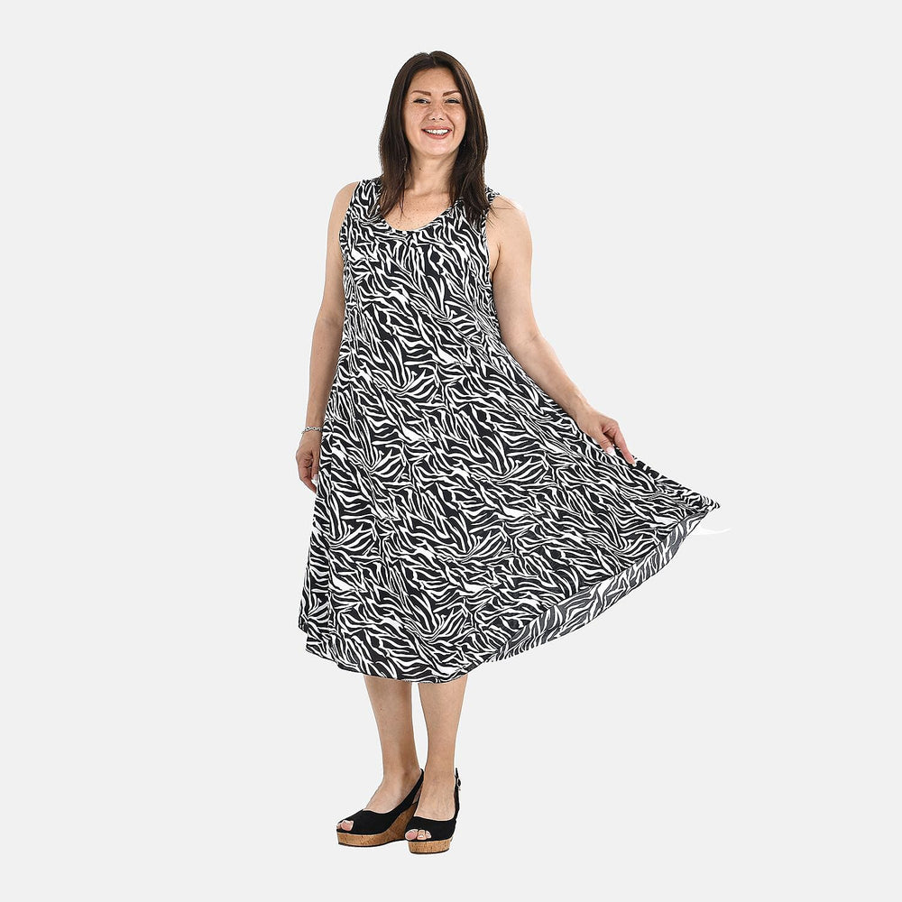 TAMSY Abstract Umbrella Midi Dress (One size 8-18) - Black - White