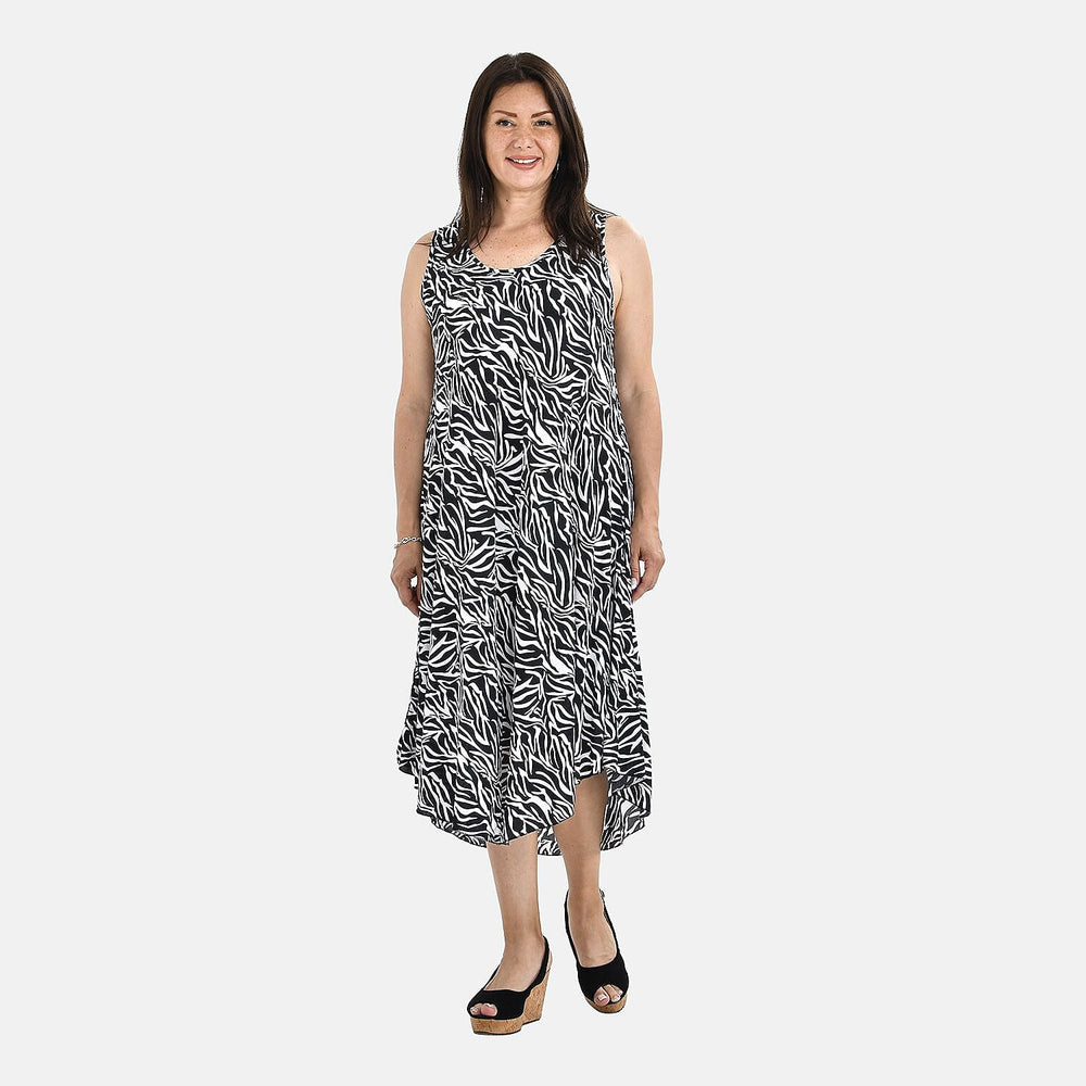TAMSY Abstract Umbrella Midi Dress (One size 8-18) - Black - White
