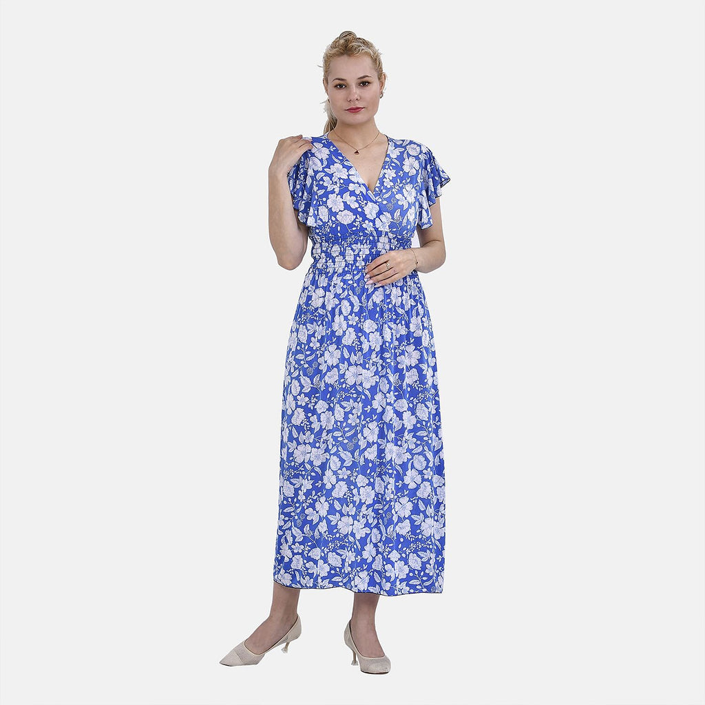 TAMSY Rose Pattern Flutter Sleeves Smocked Midi Dress (One Size, 8-16) - Blue