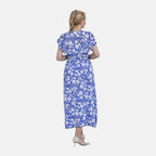 TAMSY Rose Pattern Flutter Sleeves Smocked Midi Dress (One Size, 8-16) - Blue