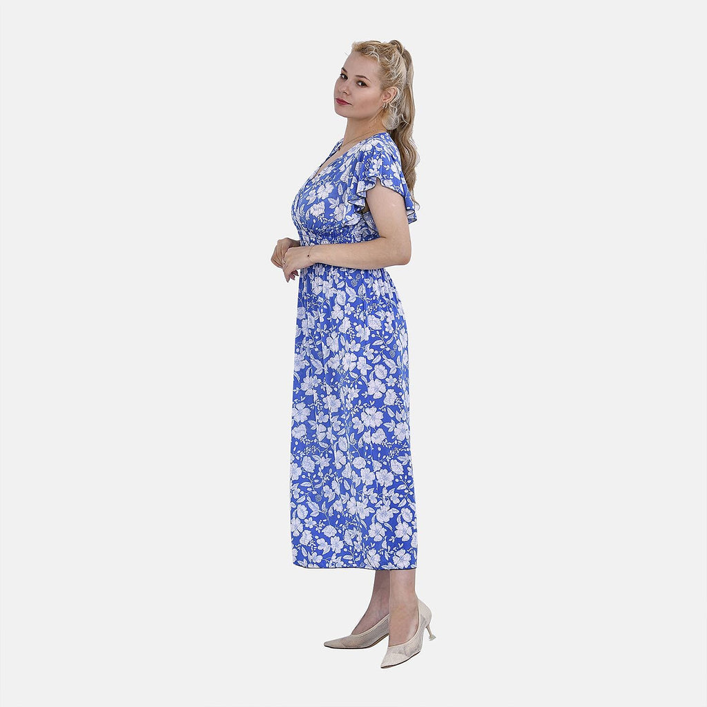 TAMSY Rose Pattern Flutter Sleeves Smocked Midi Dress (One Size, 8-16) - Blue