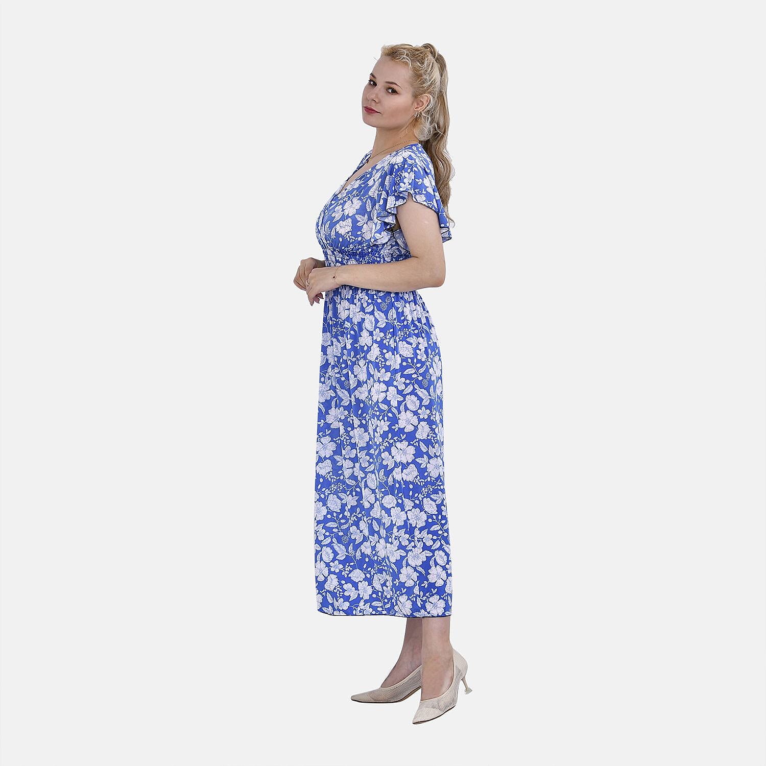 TAMSY Rose Pattern Flutter Sleeves Smocked Midi Dress (One Size, 8-16) - Blue