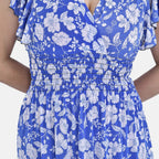 TAMSY Rose Pattern Flutter Sleeves Smocked Midi Dress (One Size, 8-16) - Blue