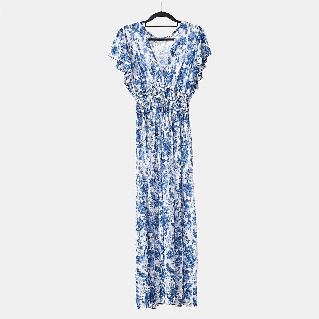 TAMSY Rose Pattern Flutter Sleeves Smocked Midi Dress (One Size, 8-16) - Blue
