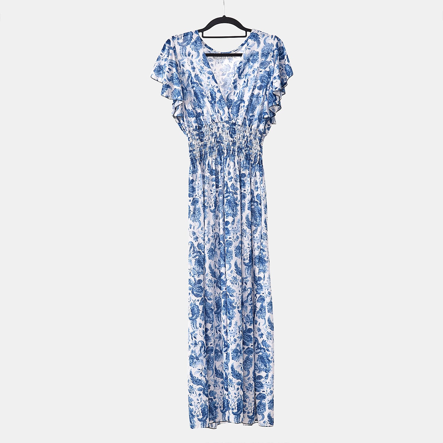 TAMSY Rose Pattern Flutter Sleeves Smocked Midi Dress (One Size, 8-16) - Blue