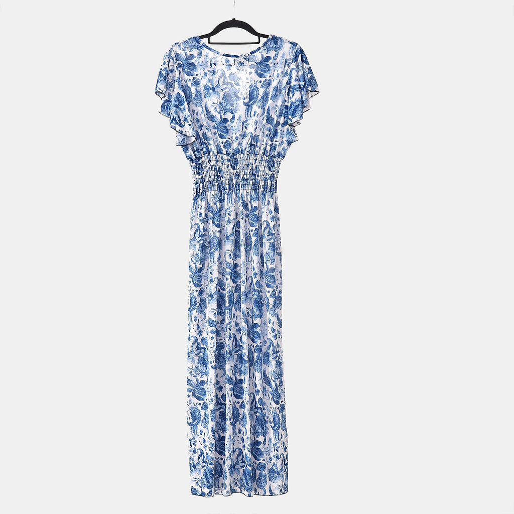 TAMSY Rose Pattern Flutter Sleeves Smocked Midi Dress (One Size, 8-16) - Blue