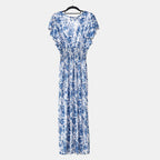 TAMSY Rose Pattern Flutter Sleeves Smocked Midi Dress (One Size, 8-16) - Blue