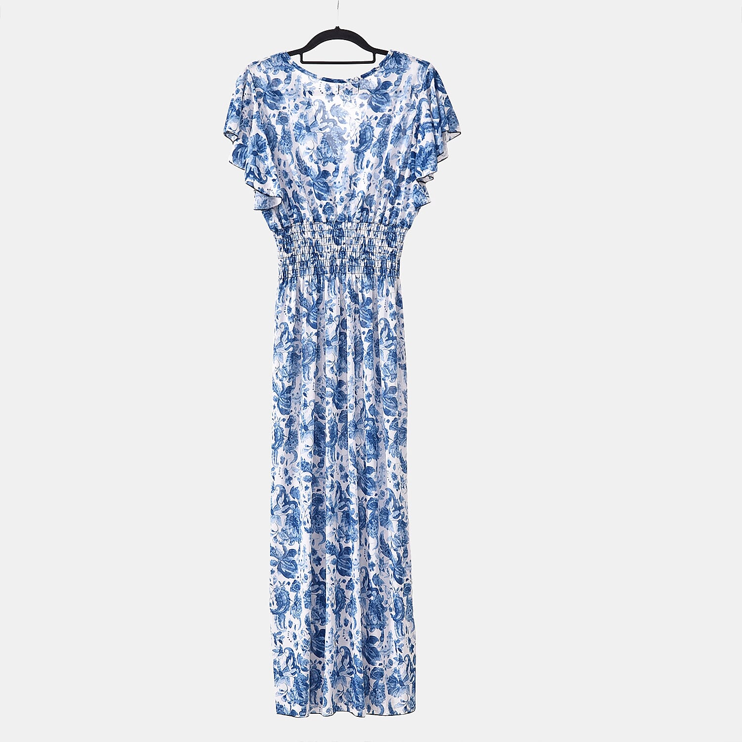 TAMSY Rose Pattern Flutter Sleeves Smocked Midi Dress (One Size, 8-16) - Blue