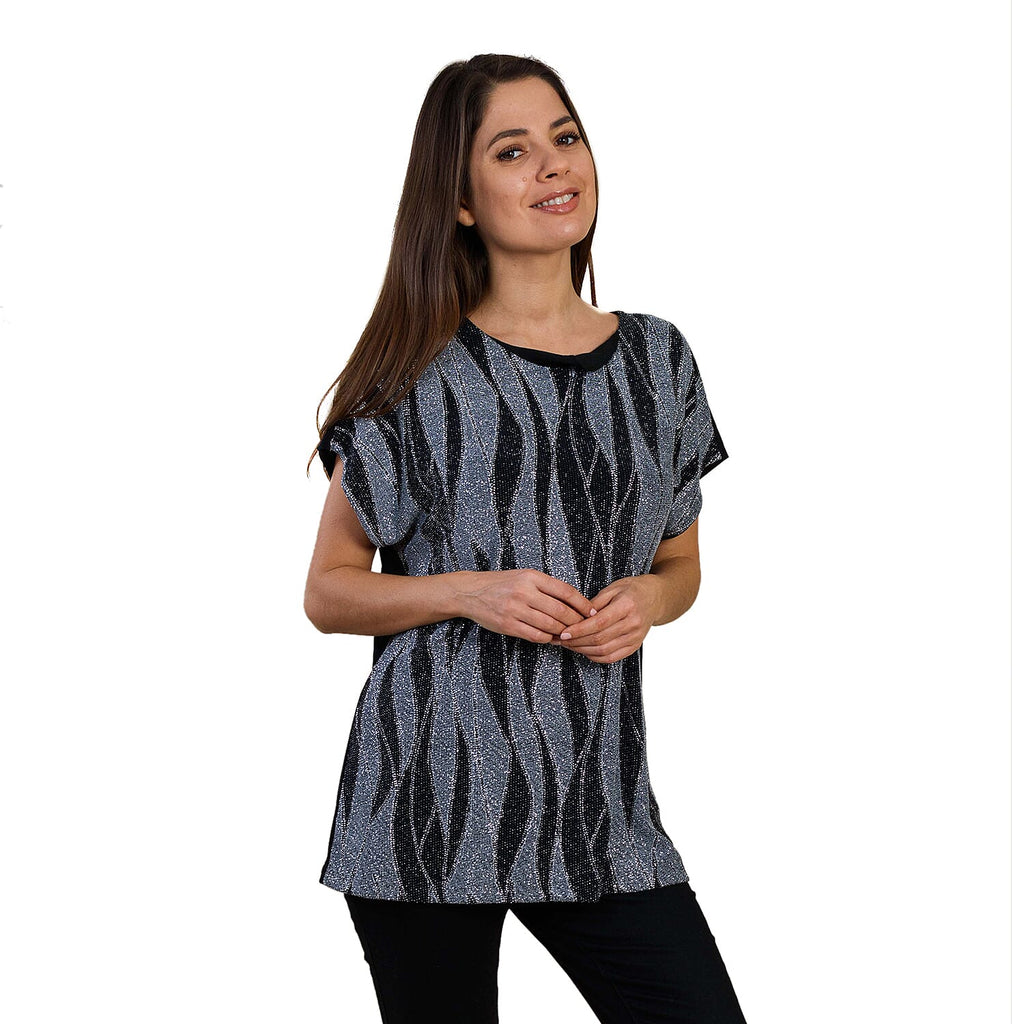 TAMSY Geometric Pattern Sequin Top (Size XL) - Grey and Black