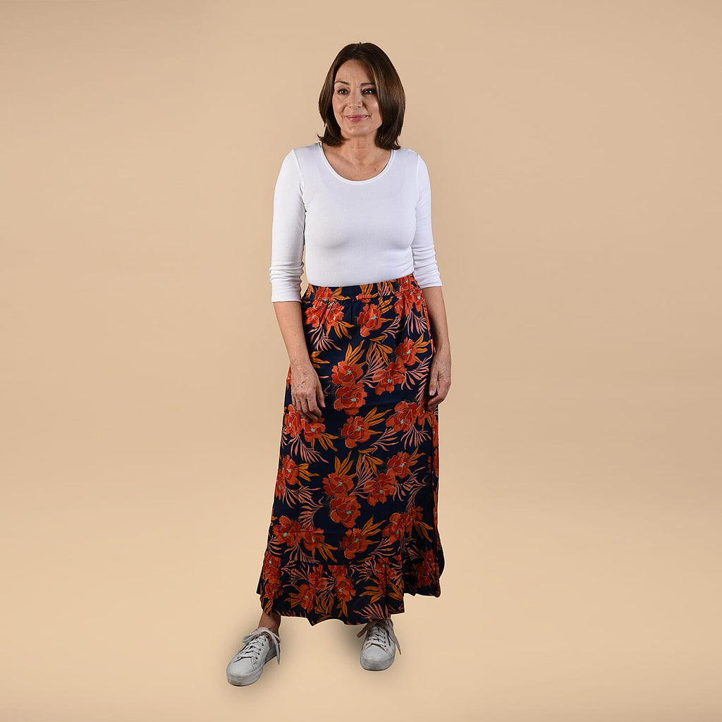 TAMSY 100% Viscose Floral Pattern Skirt (Size 14) - Black & Orange