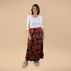 TAMSY 100% Viscose Floral Pattern Skirt (Size 14) - Black & Orange