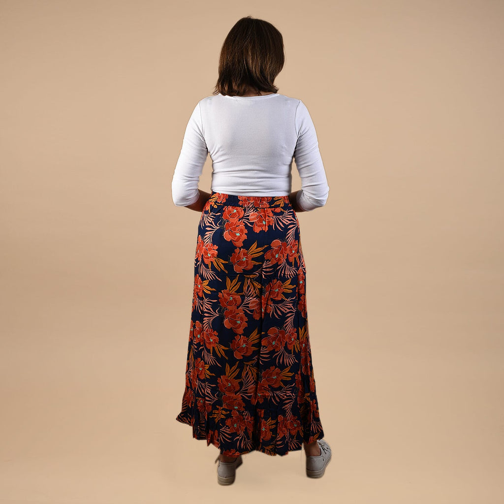 TAMSY 100% Viscose Floral Pattern Skirt (Size 14) - Black & Orange