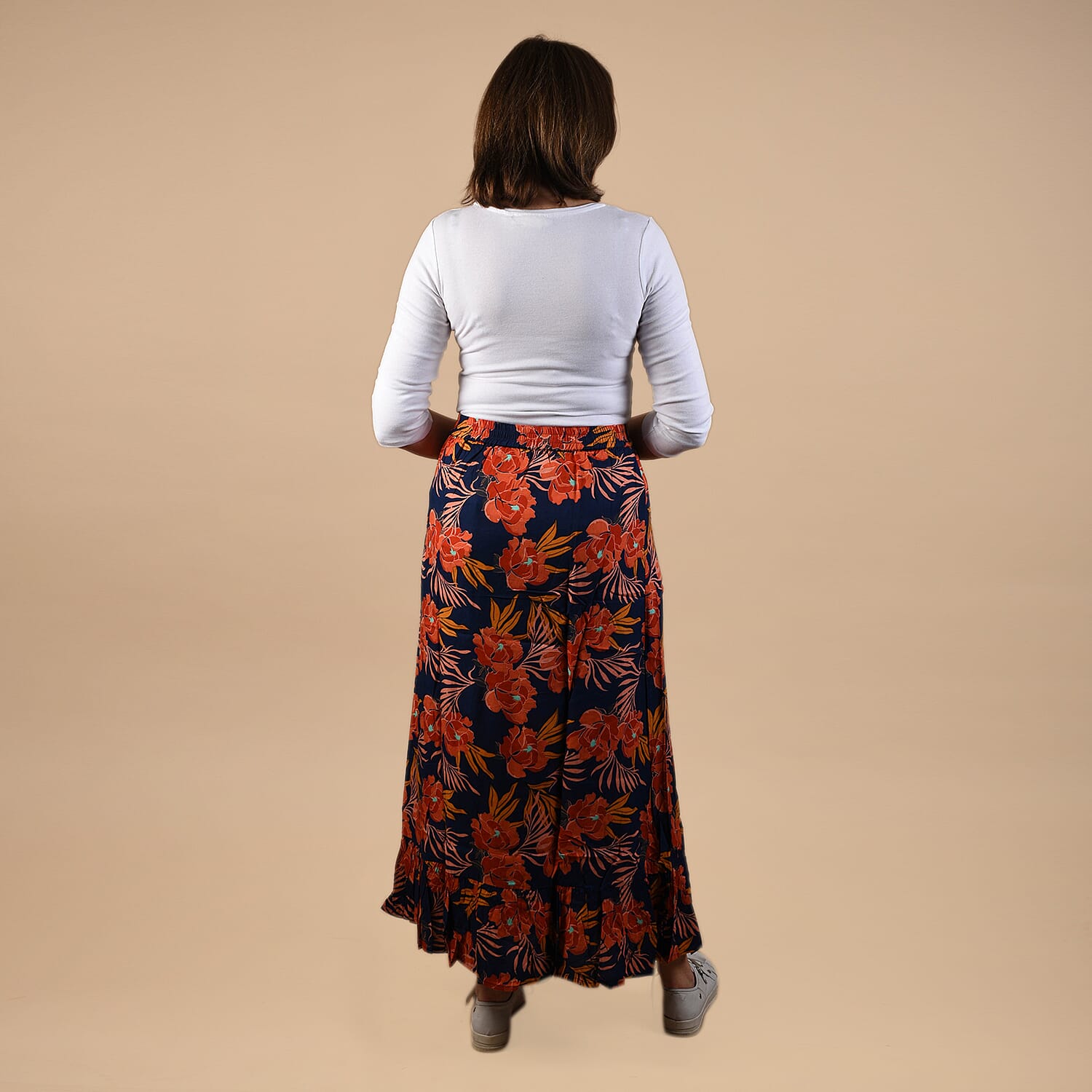 TAMSY 100% Viscose Floral Pattern Skirt (Size 14) - Black & Orange