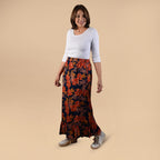 TAMSY 100% Viscose Floral Pattern Skirt (Size 14) - Black & Orange