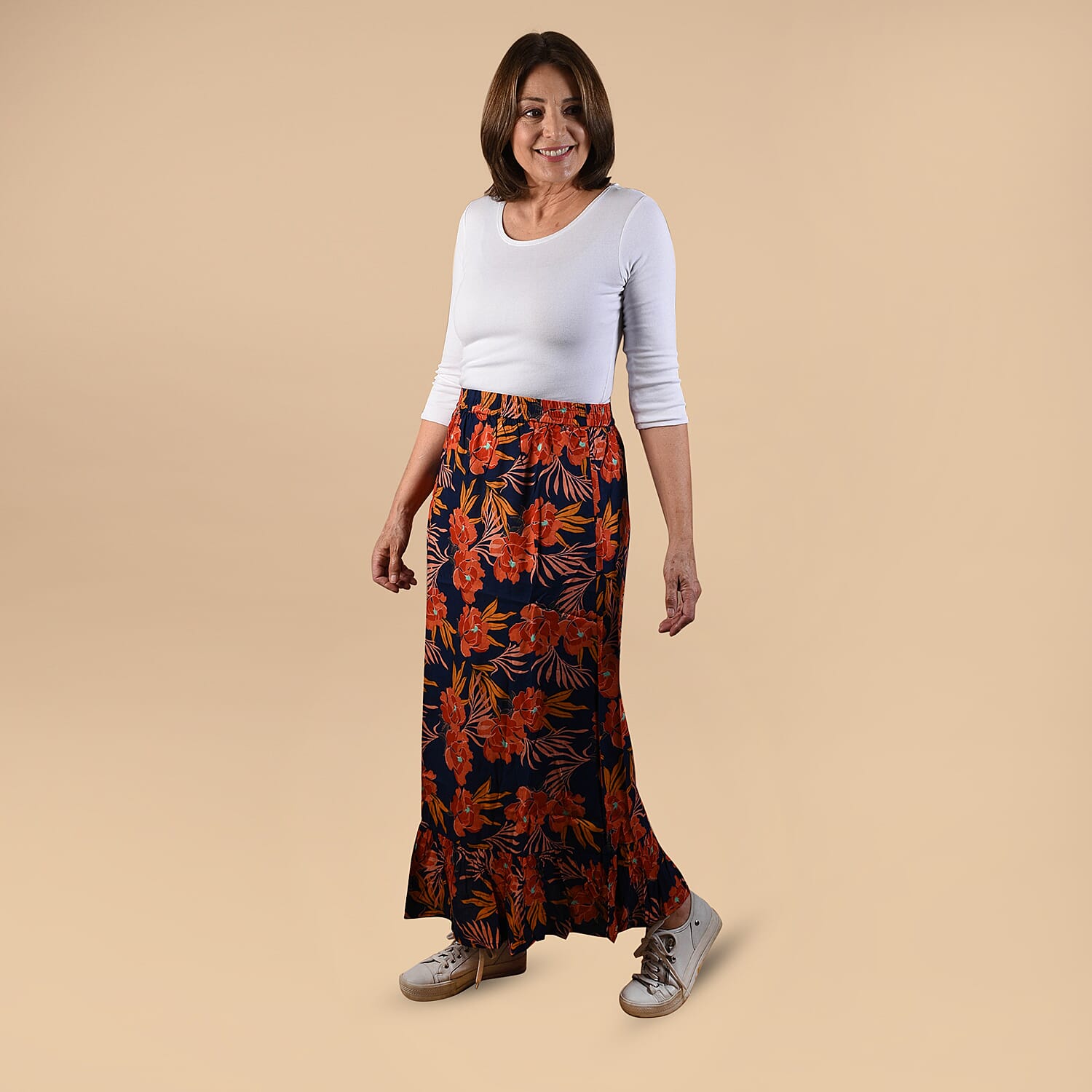 TAMSY 100% Viscose Floral Pattern Skirt (Size 14) - Black & Orange