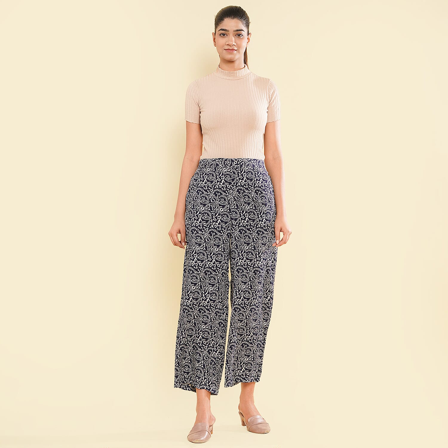 TAMSY 100% Viscose Printed Palazzo (Size S) - Navy