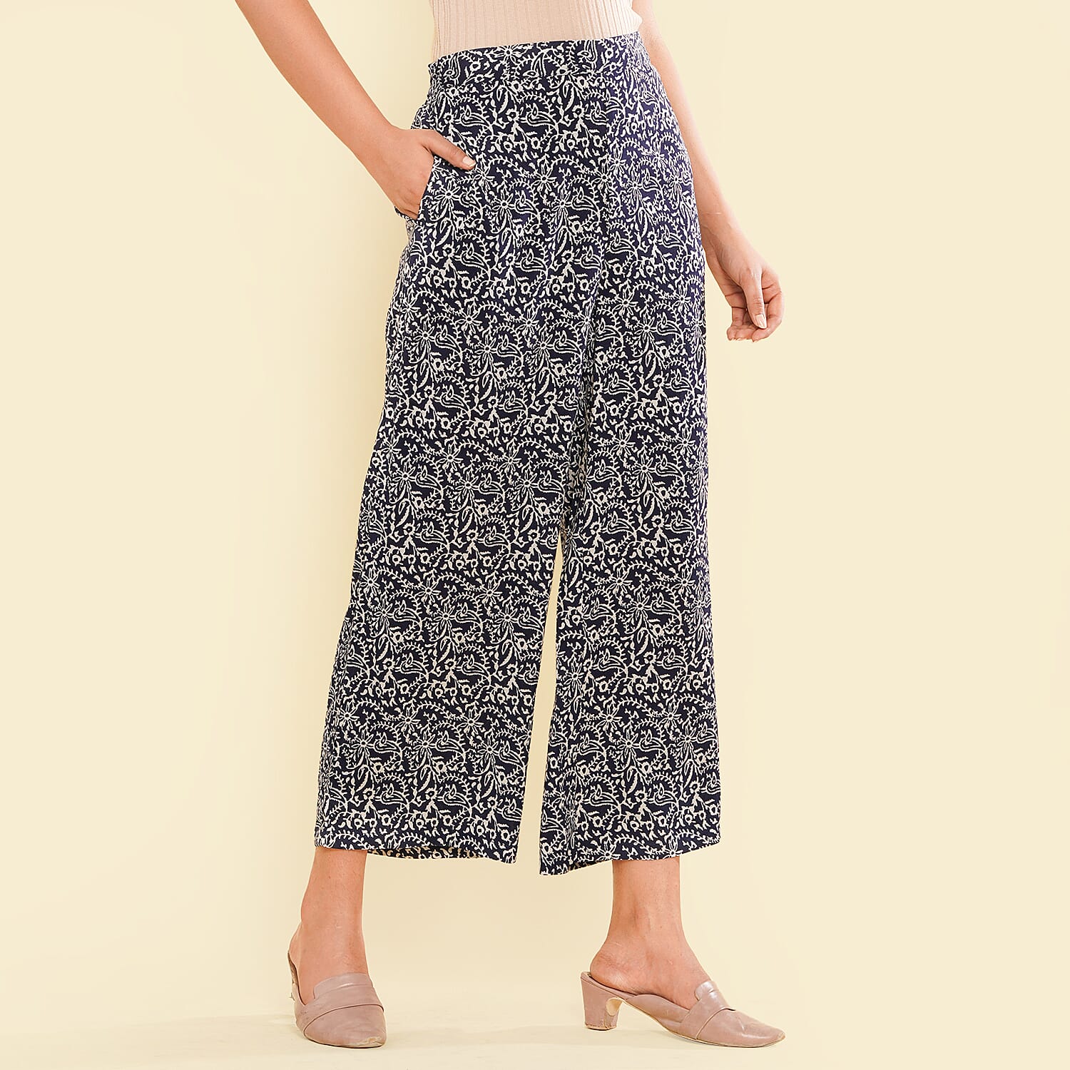 TAMSY 100% Viscose Printed Palazzo (Size L) - Navy