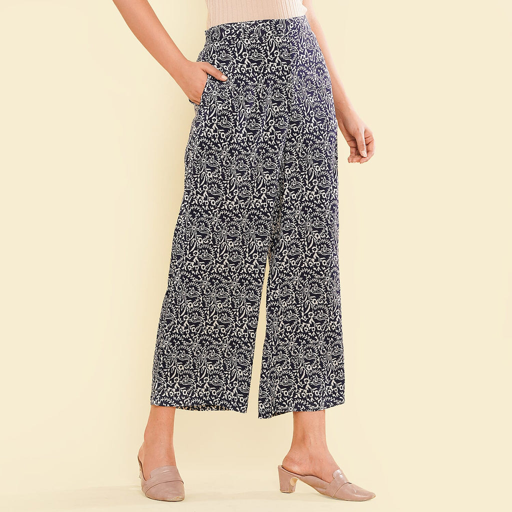TAMSY 100% Viscose Printed Palazzo (Size XL) - Navy