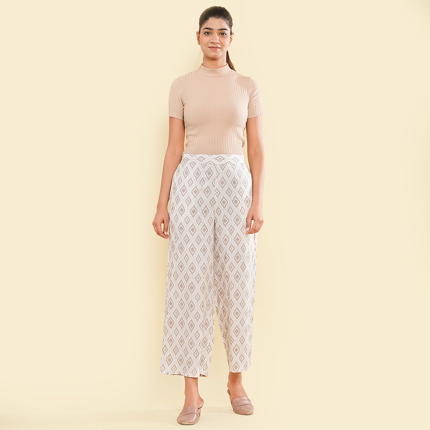 TAMSY 100% Viscose Printed Palazzo (Size S) - Off White