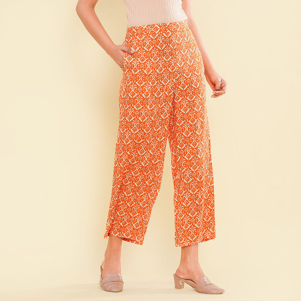 TAMSY 100% Viscose Printed Palazzo (Size XL) - Orange