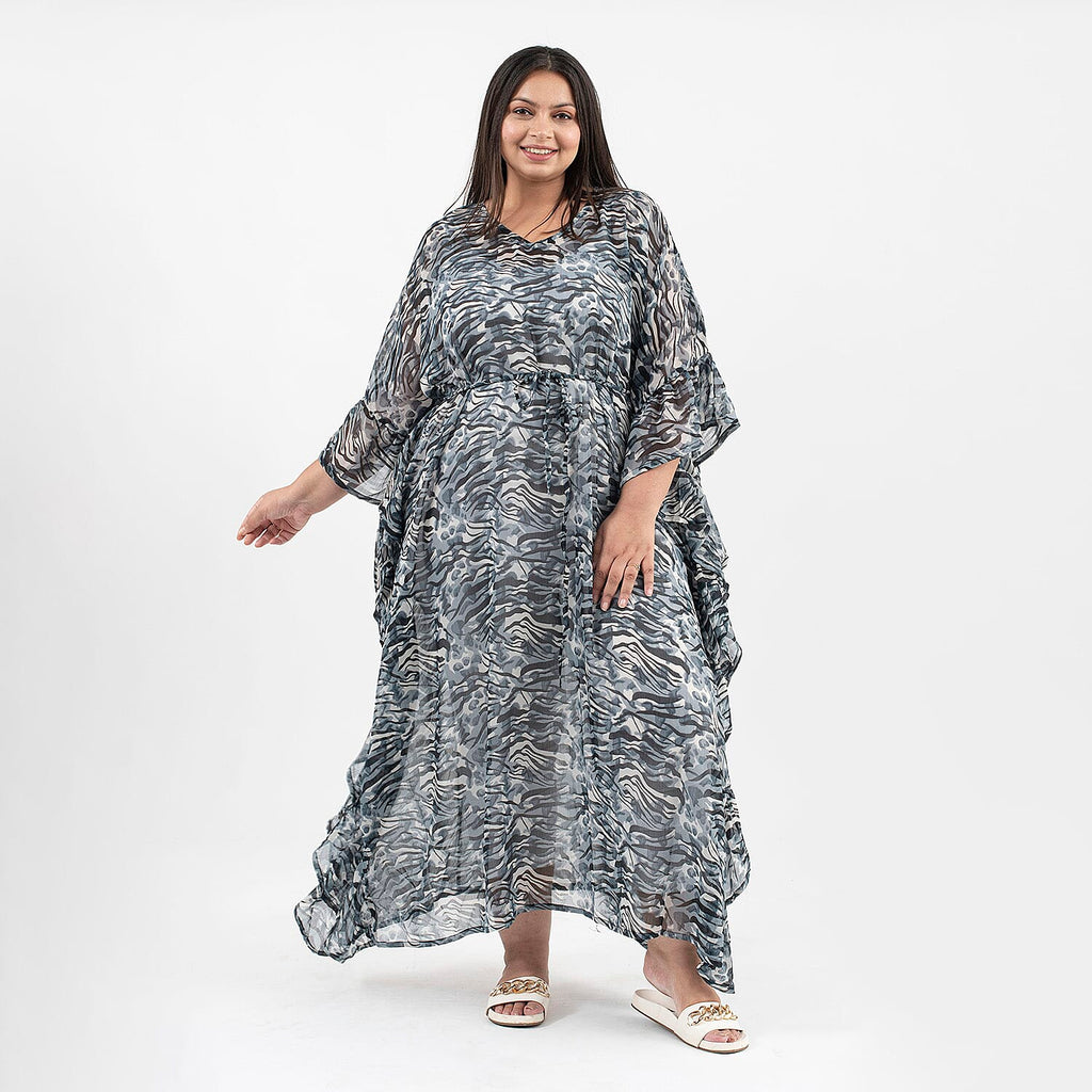 TAMSY Kaftan With Waist Tie Drawstring & Ruffle Hem (Size - One Size) - Black