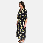 TAMSY 100% Viscose Leaf Pattern Maxi Dress (One Size 8-18) - Black
