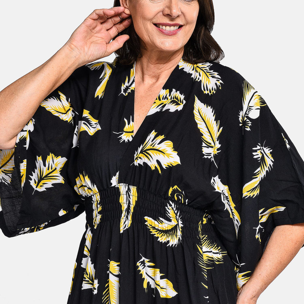 TAMSY 100% Viscose Leaf Pattern Maxi Dress (One Size 8-18) - Black