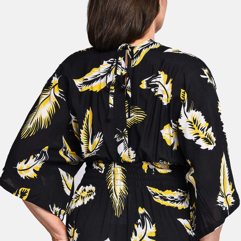 TAMSY 100% Viscose Leaf Pattern Maxi Dress (One Size 8-18) - Black