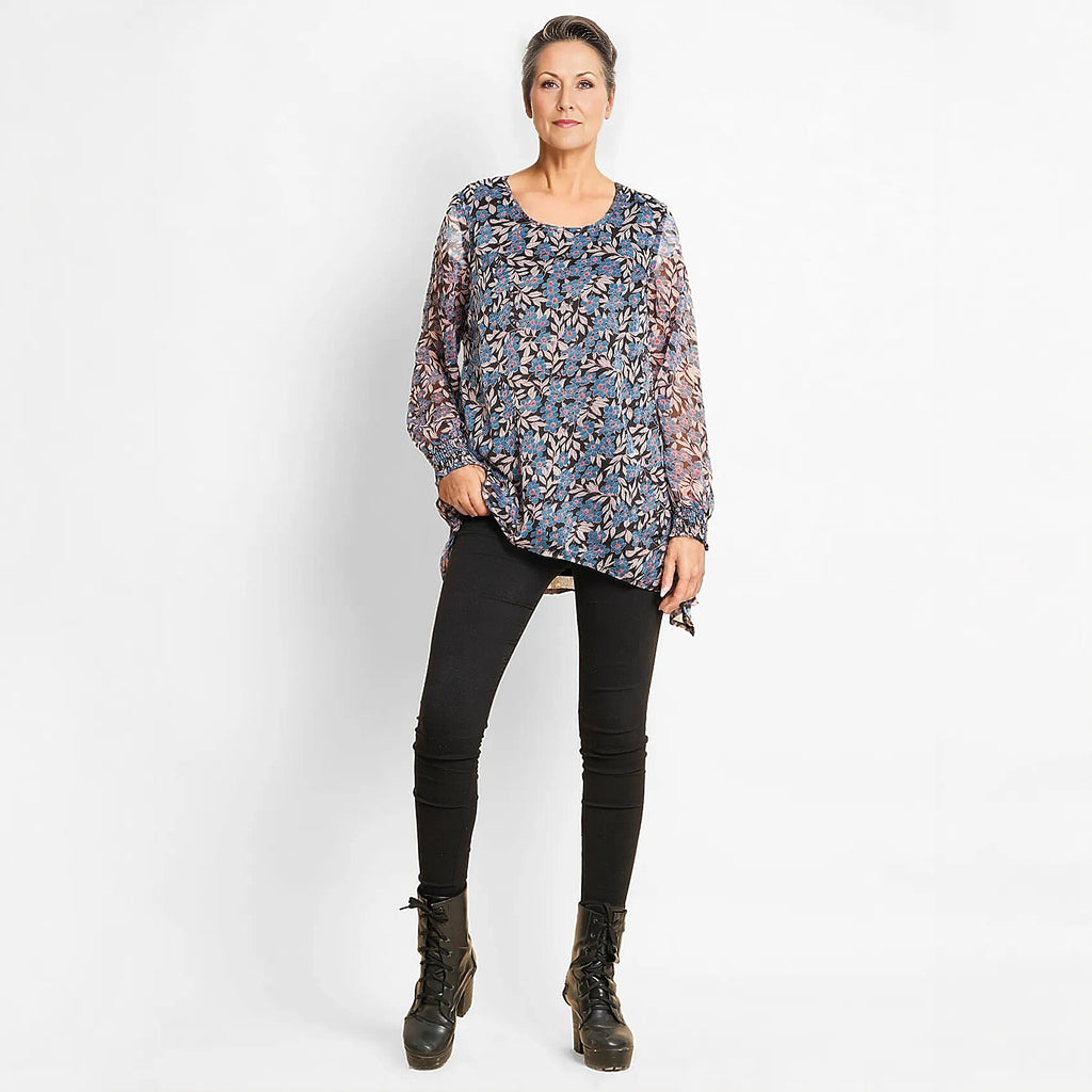TAMSY Floral - Leaves Pattern Top (Size 8) - Blue - Black