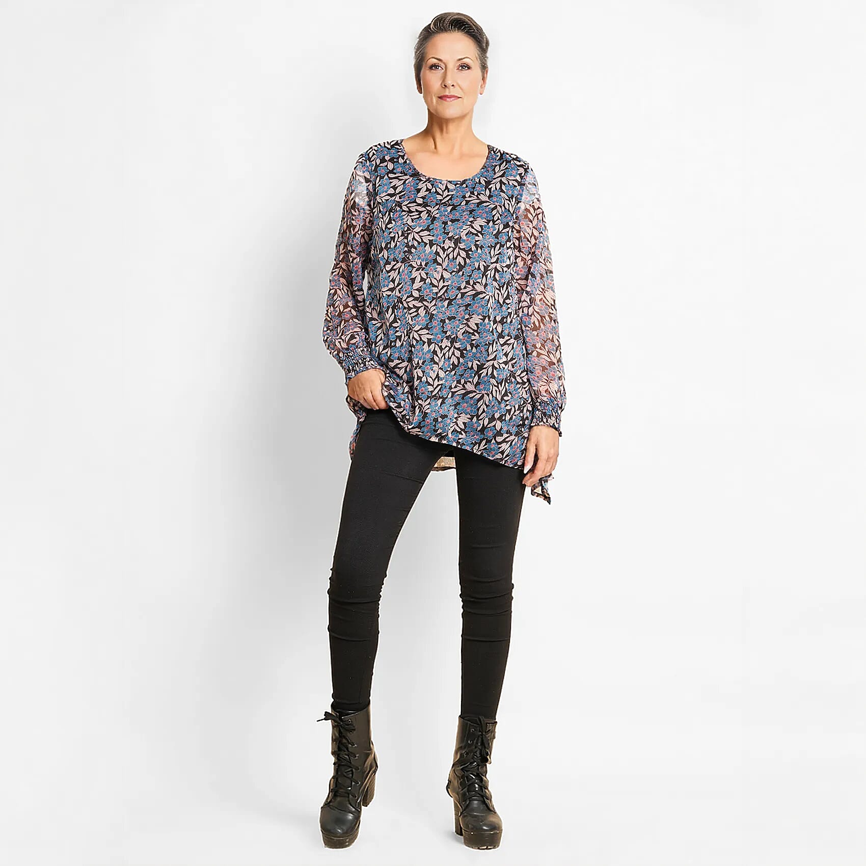 TAMSY Floral - Leaves Pattern Top (Size 8) - Blue - Black