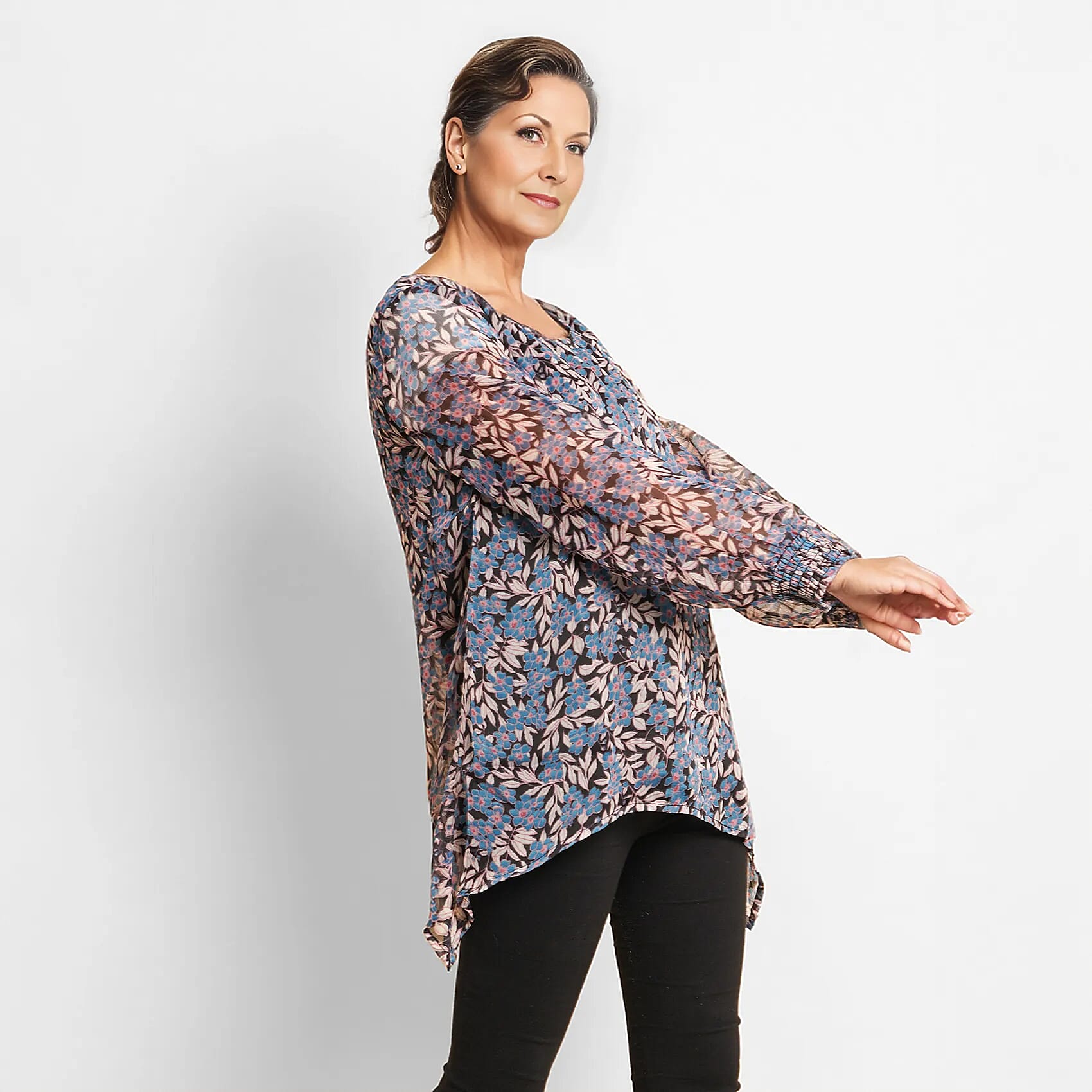 TAMSY Floral - Leaves Pattern Top (Size 8) - Blue - Black