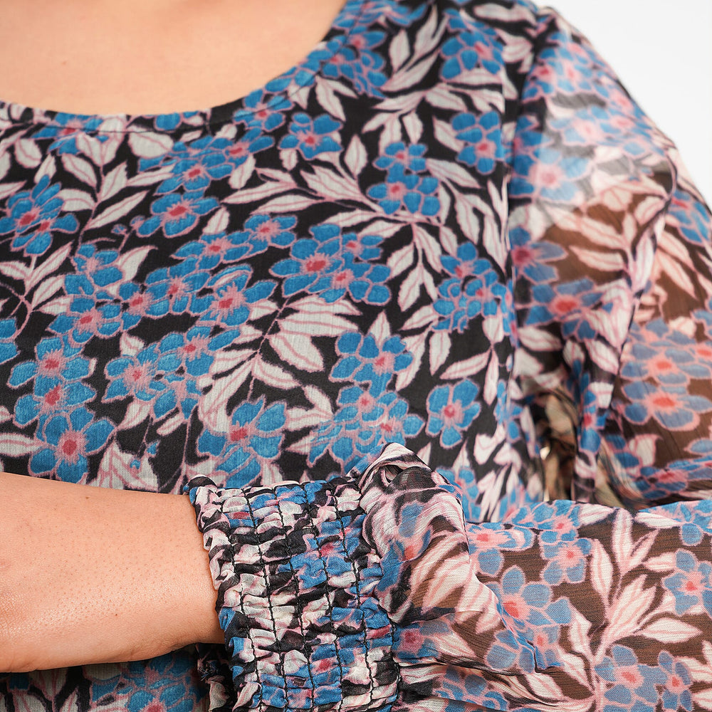 TAMSY Floral - Leaves Pattern Top (Size 8) - Blue - Black