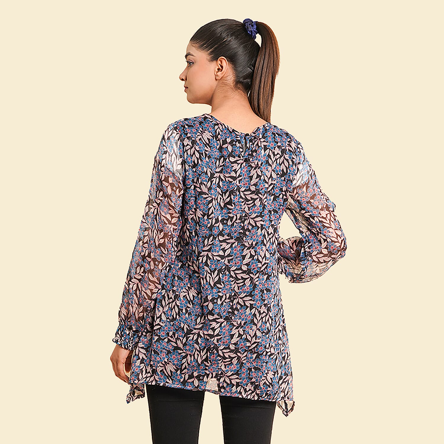 TAMSY Floral - Leaves Pattern Top (Size 12) - Blue - Black