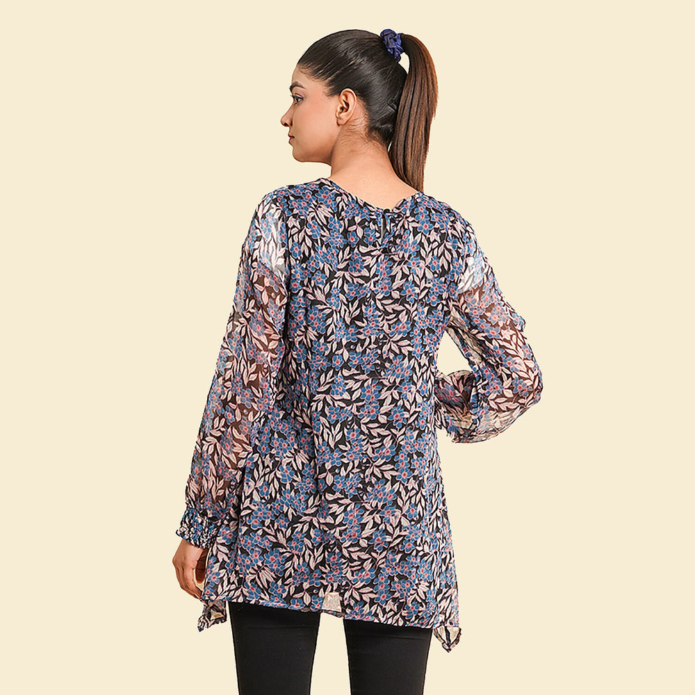TAMSY Floral - Leaves Pattern Top (Size 10) - Blue - Black