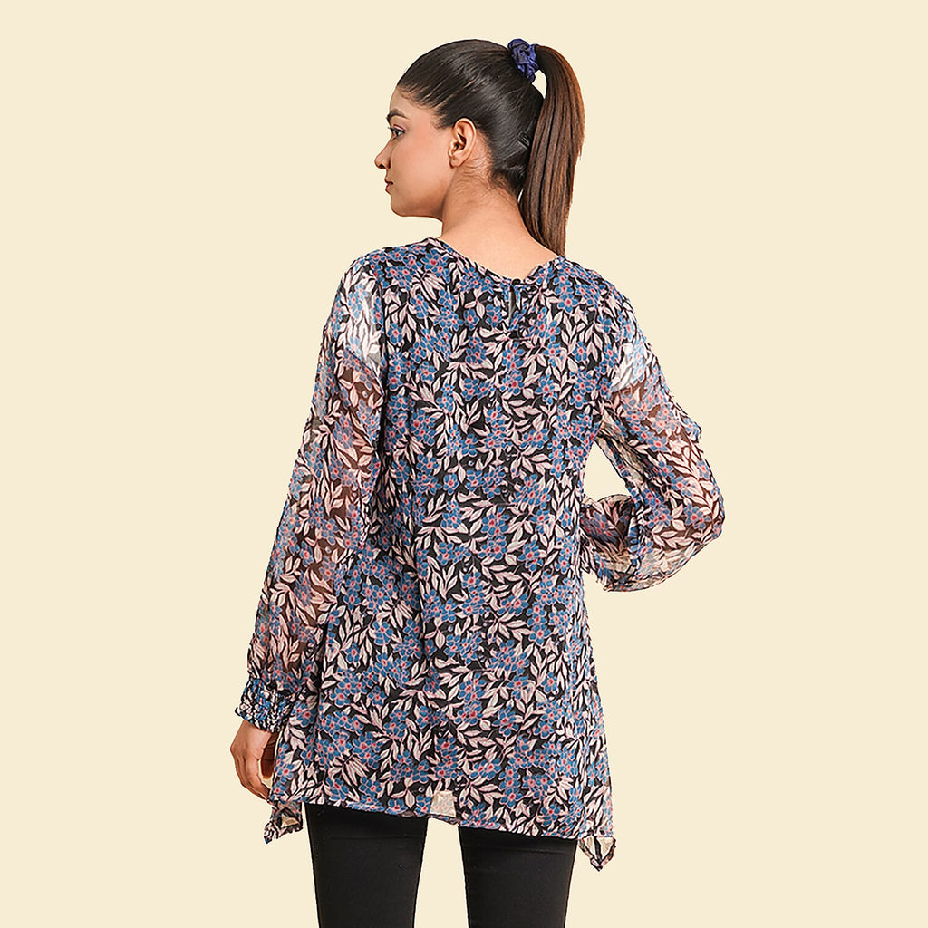TAMSY Floral - Leaves Pattern Top (Size 14) - Blue - Black