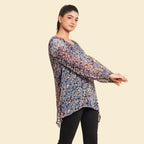 TAMSY Floral - Leaves Pattern Top (Size 14) - Blue - Black