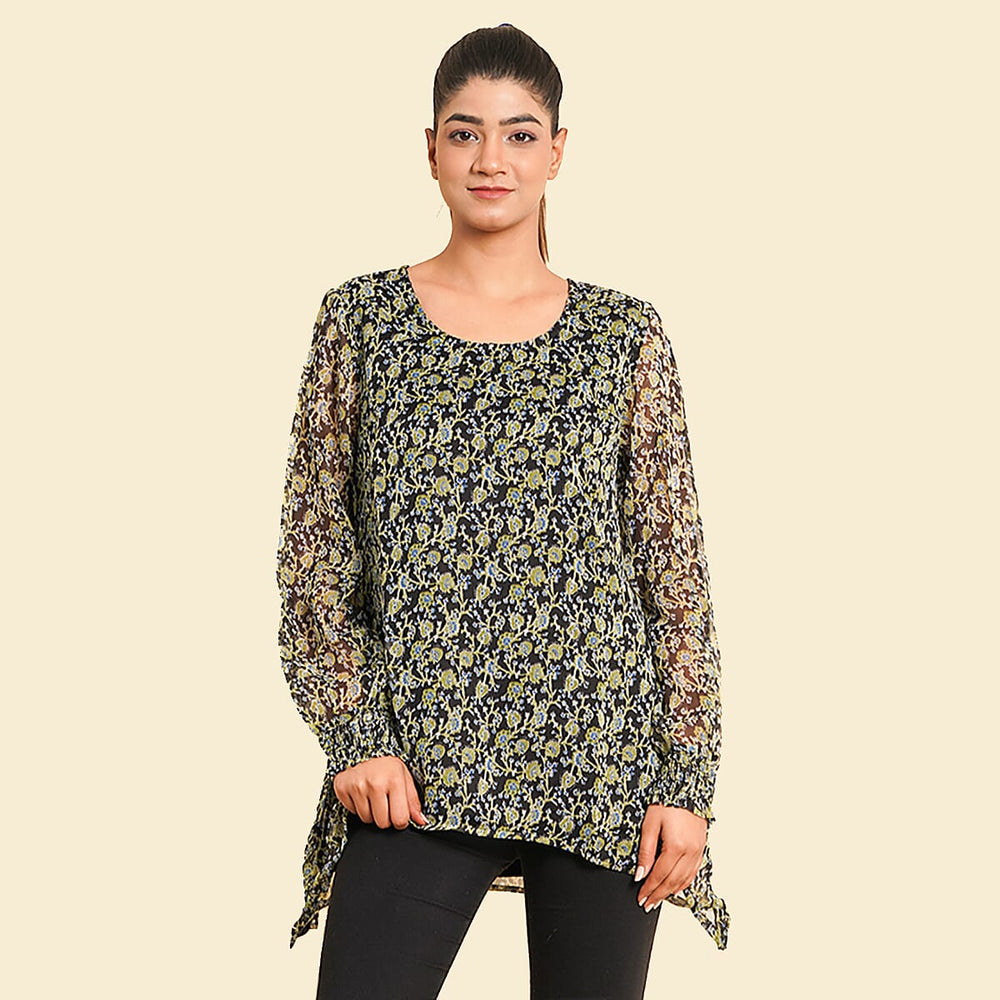TAMSY Floral Pattern Top (Size 12) - Green - Black