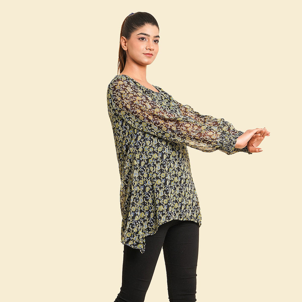 TAMSY Floral Pattern Top (Size 12) - Green - Black